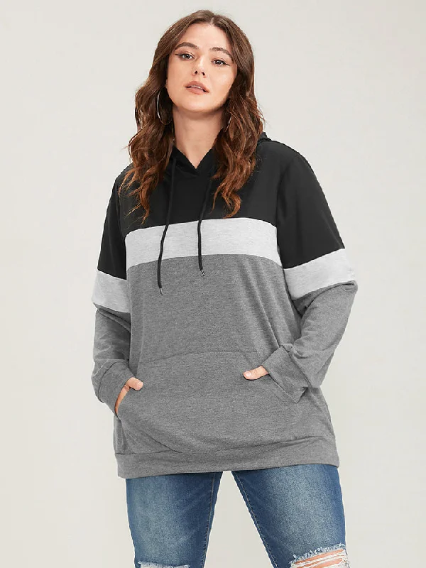 Colorblock Contrast Hooded Pocket Drawstring Sweatshirt Casual Women's Loose - fitting