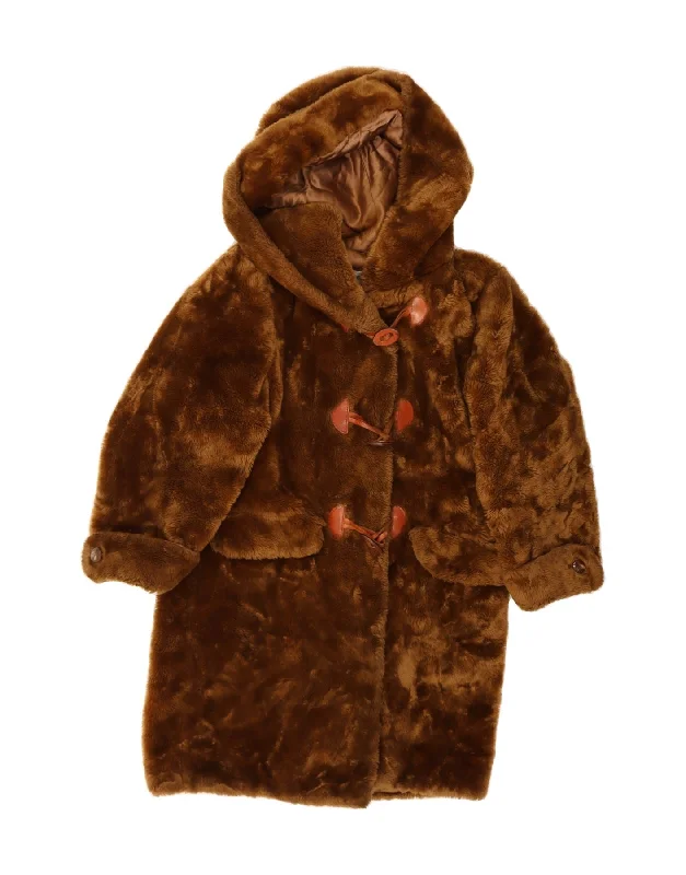 VINTAGE Womens Hooded Faux Fur Duffle Coat UK 10 Small Brown Acrylic Youthful Women's Pop VINTAGE Womens Hooded Faux Fur Duffle Coat UK 10 Small Brown Acrylic Youthful Women's Pop
