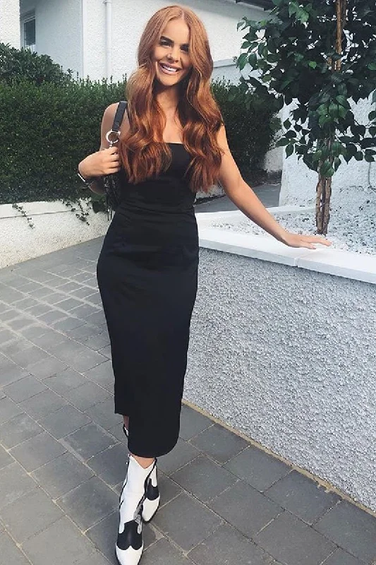 Black Satin Straight Neck Tie Up Midi Dress - Irina Unique Women's Upcycled