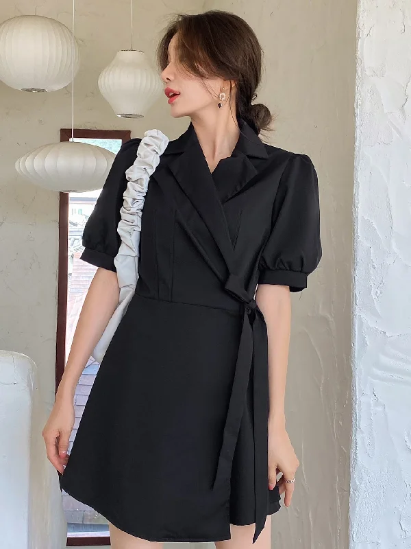 Plain Knot Short Sleeve Lapel Wrap High Waist Short Dress garde