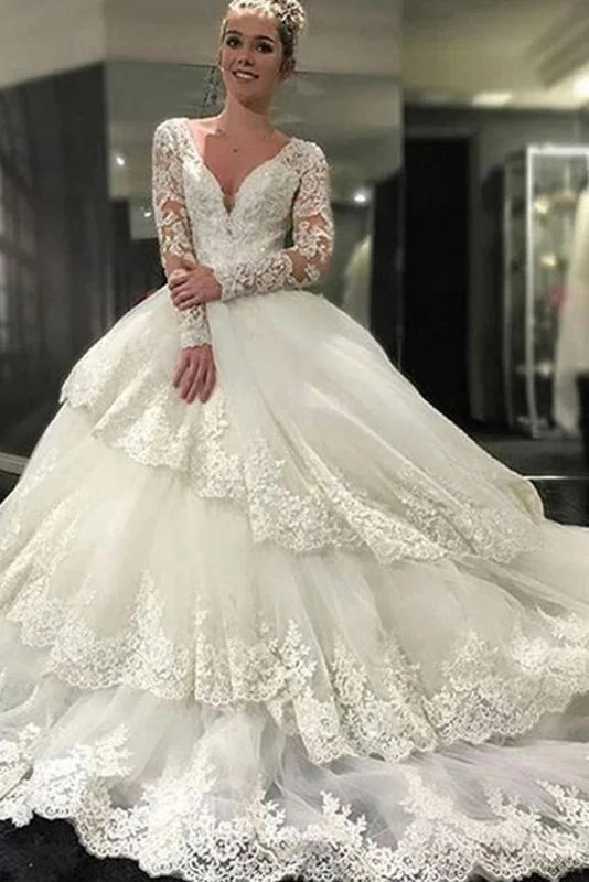 Ivory Deep V-Neck Long Sleeves Lace Appliques Chapel Train Tiered Wedding Dress Unique Women's Upcycled Ivory Deep V-Neck Long Sleeves Lace Appliques Chapel Train Tiered Wedding Dress Unique Women's Upcycled