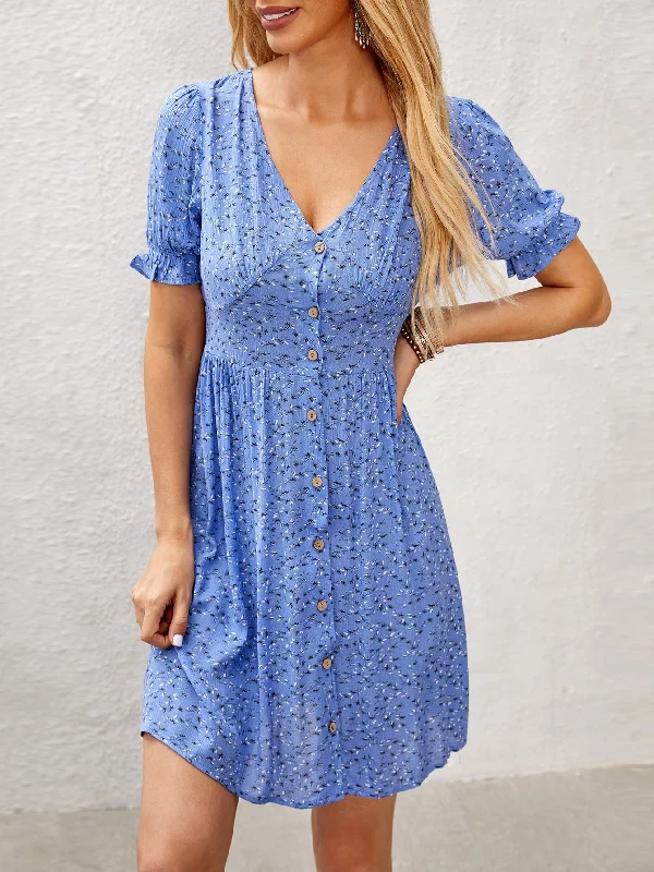 Ditsy Floral Button Front Short Sleeve Deep V Neck Flared High Waist Short Dress Adventure Ditsy Floral Button Front Short Sleeve Deep V Neck Flared High Waist Short Dress Adventure