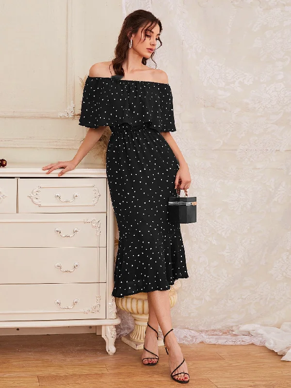 All Over Print Ruffle Hem Half Sleeve Off The Shoulder Flounce High Waist Long Dress Modern Women's All Over Print Ruffle Hem Half Sleeve Off The Shoulder Flounce High Waist Long Dress Modern Women's