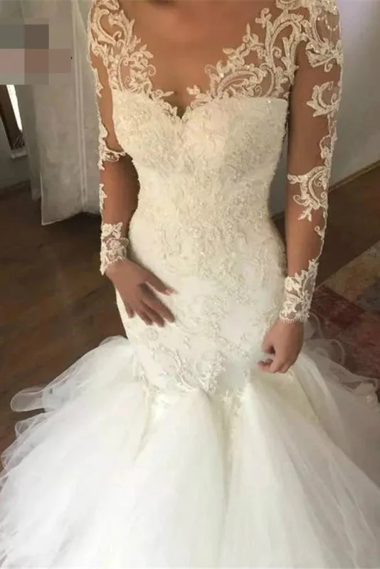 Mermaid Sleeves V Neck Long Lace Appliques Wedding Dress Minimalist Women's Casual
