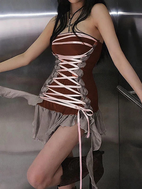 BerryBetty - Mesh Paneled Tie Strap Bandeau Mini Dress Edgy Women's Punk