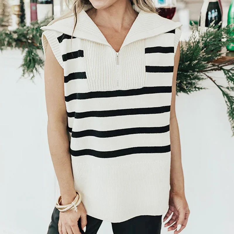 Lapel Striped Half-Zip Sweater Vest Wholesale Womens Clothing N3824082900013