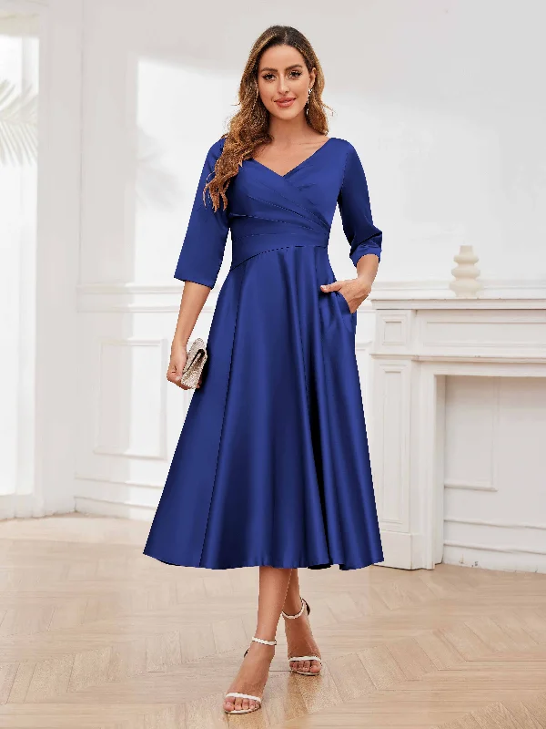 Miranda Elegant A-Line Pleated Midi Satin Mother of the Bride & Groom Dresses