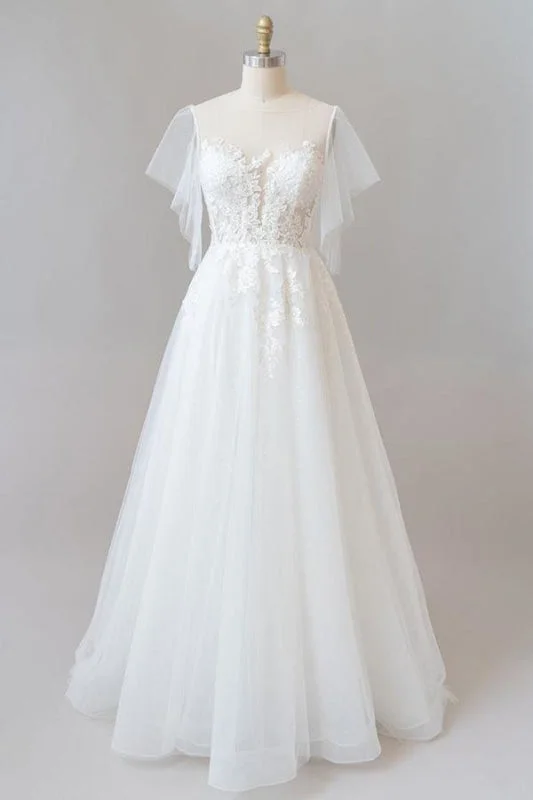 Appliques Tulle A-line Chapel Train Wedding Dress