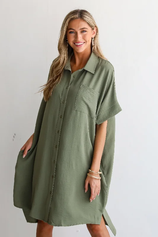 FINAL SALE - Composed Persona Green Button Front Midi Dress Stylish Women's Tropical 