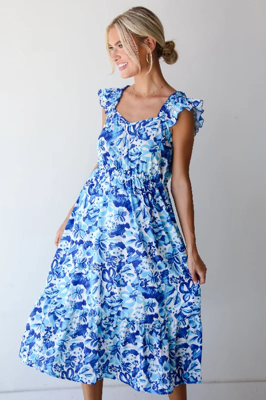 FINAL SALE - Sweetest Life Blue Floral Midi Dress Sustainable Organic
