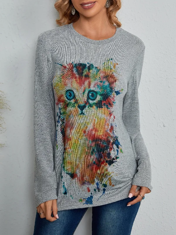 Casual Cartoon Long Sleeve Round Neck Long Women T-Shirt Country