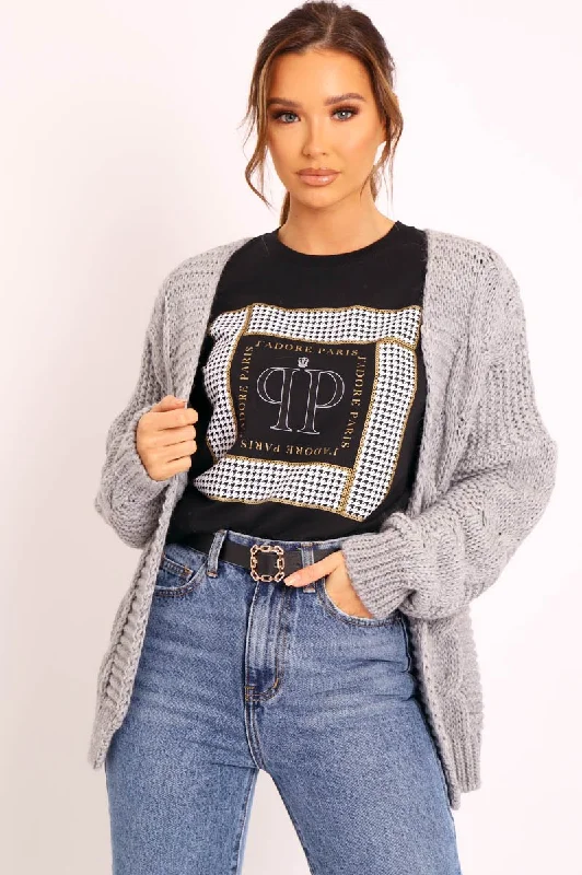 Grey Chunky Knit Cable Pattern Cardigan - Luna Tough Women's Military - inspired