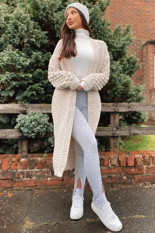 Beige Waffle Sleeve Maxi Cardigan - Davaya Athletic Women's High - 