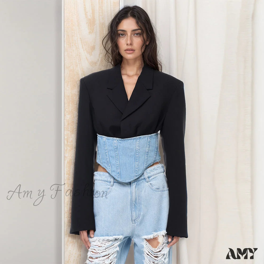 Slimming Casual Patchwork Denim Long Sleeve Notched Spliced Zipper Hit Color Fashion New Blazer Cozy Women's Sherpa - lined Slimming Casual Patchwork Denim Long Sleeve Notched Spliced Zipper Hit Color Fashion New Blazer Cozy Women's Sherpa - lined