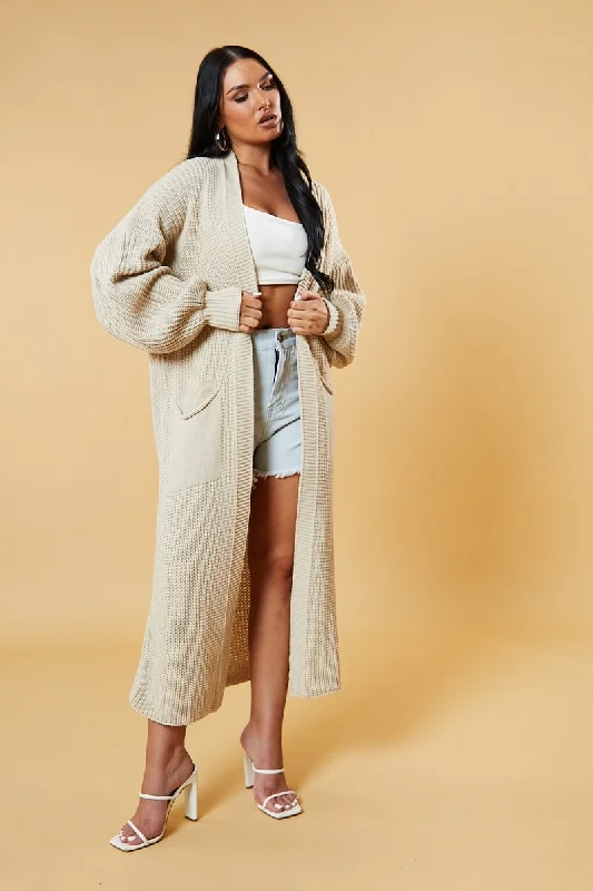 Beige Longline Knit  Maxi Cardigan - Ema