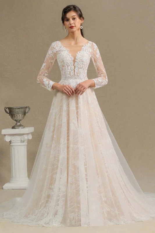 Gergrous Long Sleeve Lace Rulle Tulle A-line Wedding Dress Women