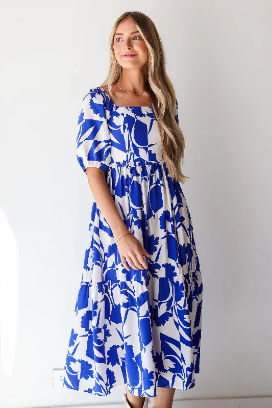Darling Essential Royal Blue Floral Midi Dress European