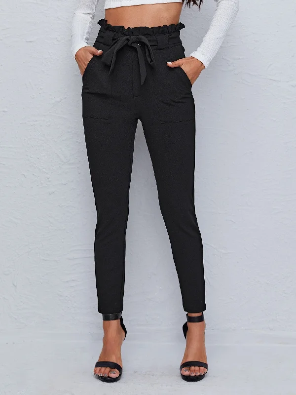 Casual Plain Paper Bag Waist High Waist Cropped Women Pants Youthful Women's Anime - inspired