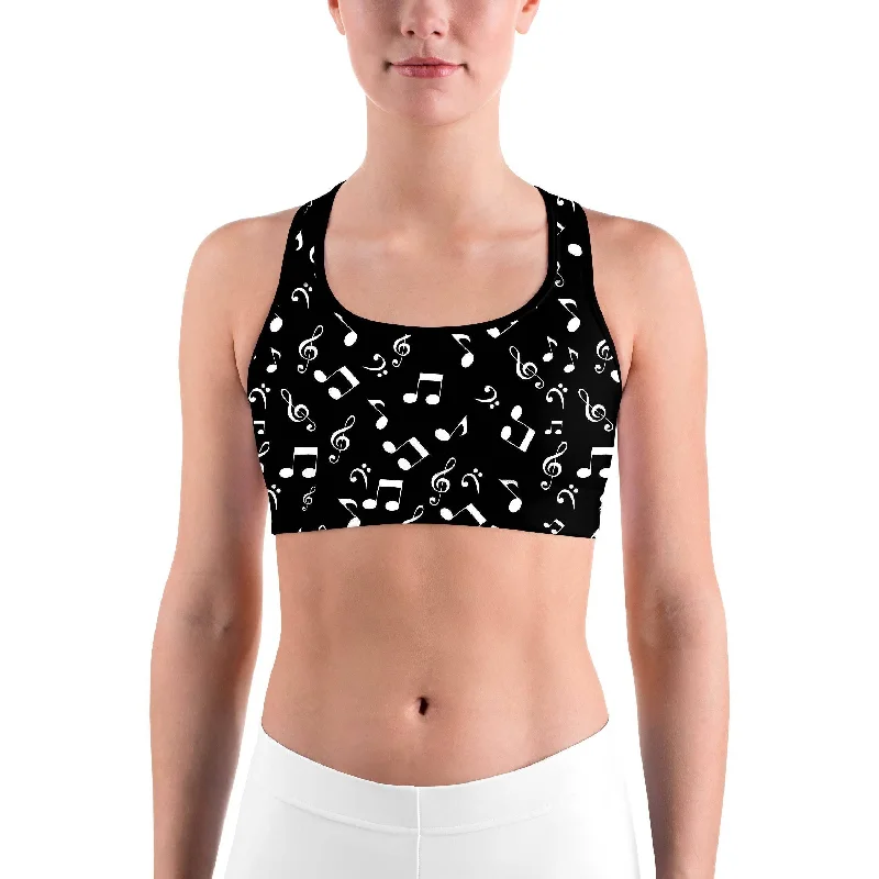 Music Notes Black Sports bra Modern Women's 