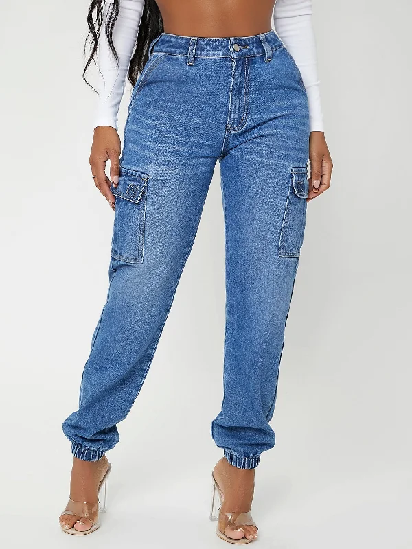 Plain Flakes High Waist Long Women Jeans Youthful Women's Pop