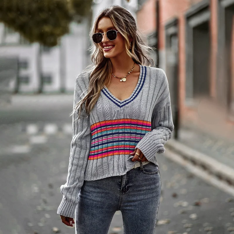 Casual Long Sleeve V-Neck Colorful Striped Sweater Wholesale Womens Tops Edgy Women's Punk Casual Long Sleeve V-Neck Colorful Striped Sweater Wholesale Womens Tops Edgy Women's Punk
