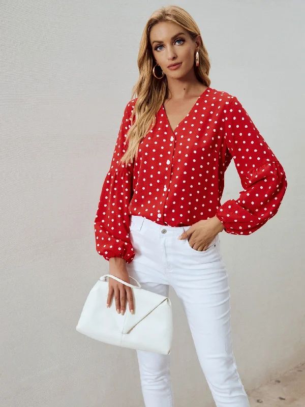 Elegant Polka Dot Button Front Long Sleeve V Neck Regular Blouse Edgy Women's Punk