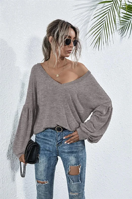V-Neck Long Sleeve Dropped Shoulder Knit Top Cool Women's Distressed