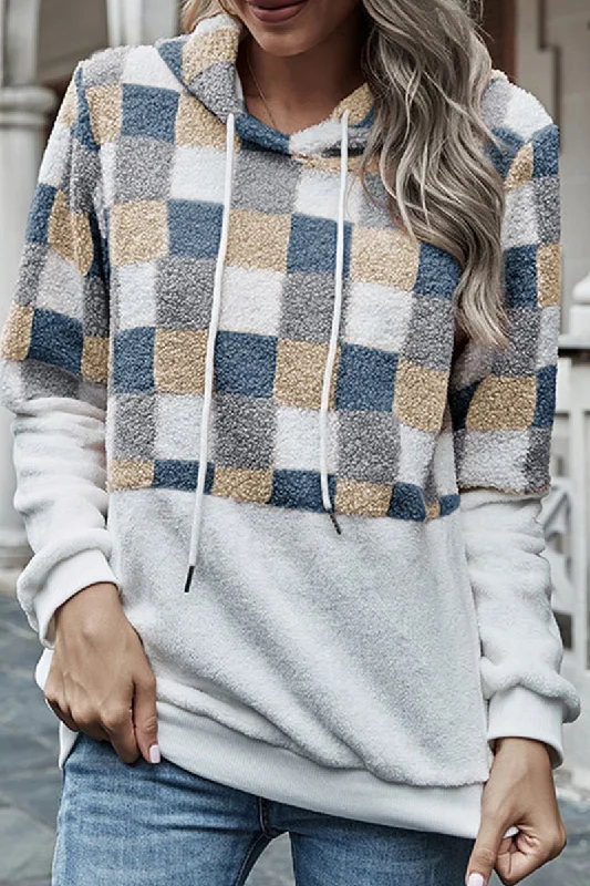Street Plaid Draw String Hooded Collar Tops Cozy Women's Sherpa - lined