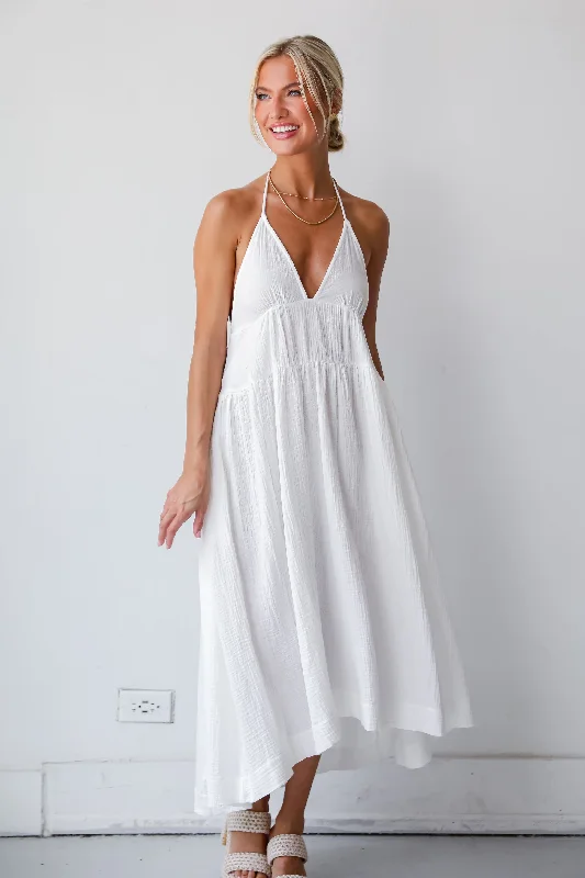 FINAL SALE - Memorable Entrance White Linen Halter Midi Dress Elegant Women's 