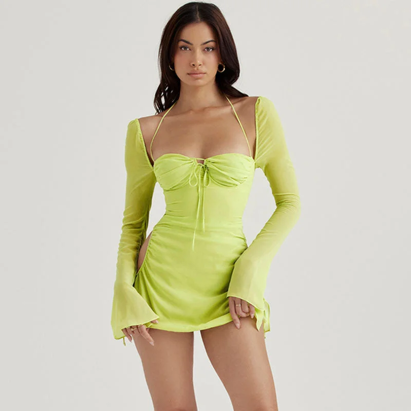 BerryBetty - Halter Tie Strap Ruched Cut Out Club Mini Dress - Green Monochromatic All - in - one