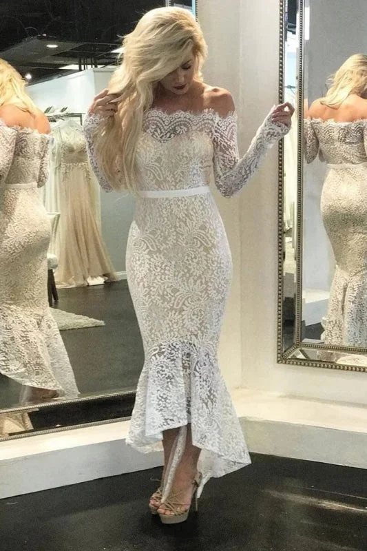 High Low Long Sleeves Mermaid Off the Shoulder Lace Wedding Dress Sophisticated Women's 