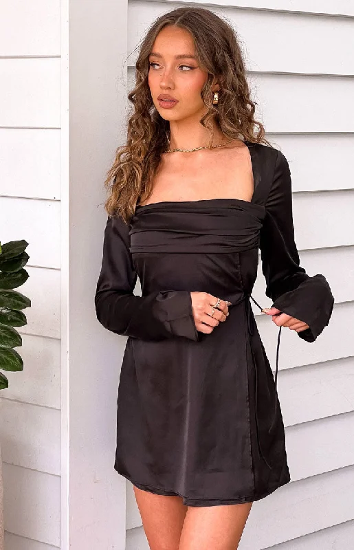 Lucy Black Satin Long Sleeve Mini Dress Laid - back Women's Style