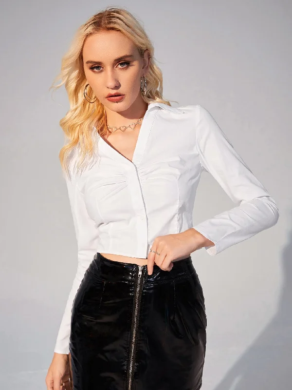 Casual Plain Button Front Long Sleeve Collar Crop Blouse Artistic Women's Hand - painted