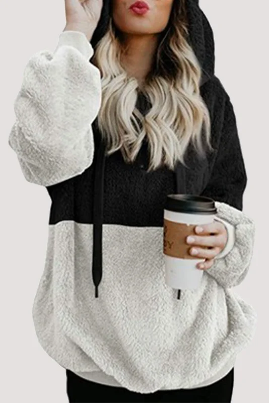 Street Patchwork  Contrast Zipper Hooded Collar Tops Cozy Women's Winter