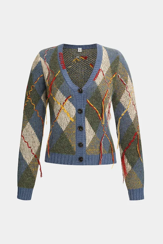 Diamond Pattern Knit Button V-Neck Long-Sleeve Top Laid - back Women's Style