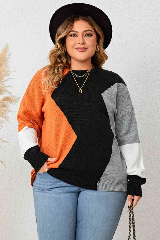 Plus Size Color Block Round Neck Knit Top Sharp Women's Italian