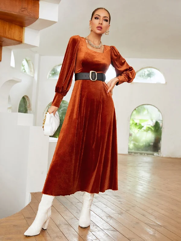 Plain Long Sleeve Square Neck Flared High Waist Long Dress