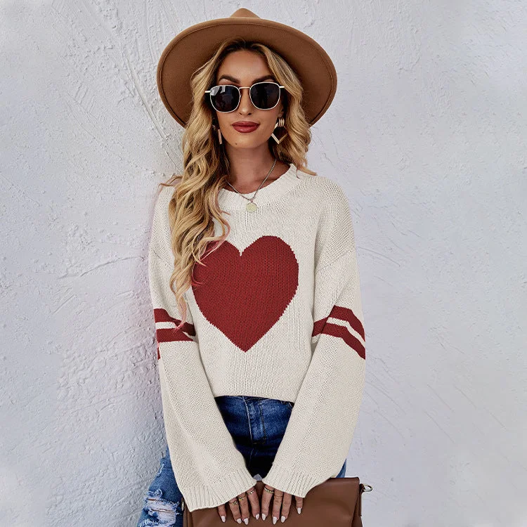 Loose Round Neck Heart Print Long Sleeve Knit Sweater Wholesale Womens Tops Practical Women's Quick - dry