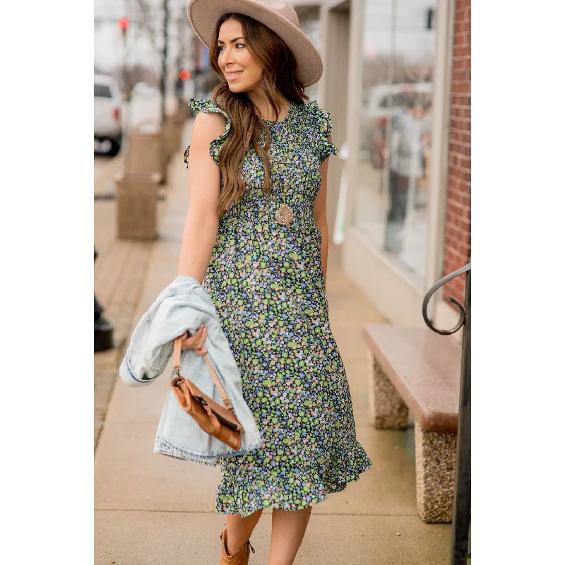 Blooming Floral Midi Dress Earthy Women's Hemp - based