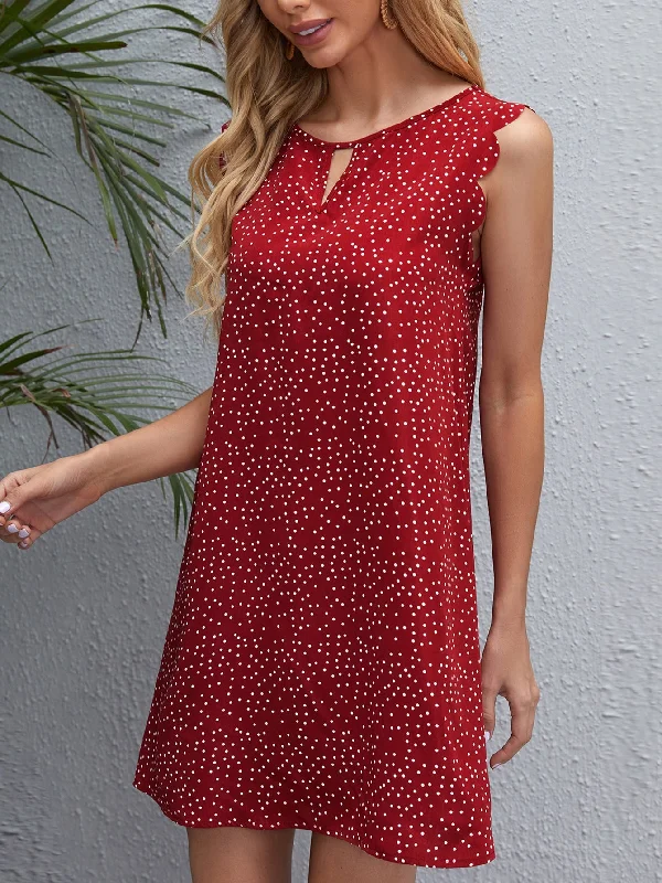 Polka Dot Scallop Sleeveless Keyhole Neckline Straight Natural Short Dress