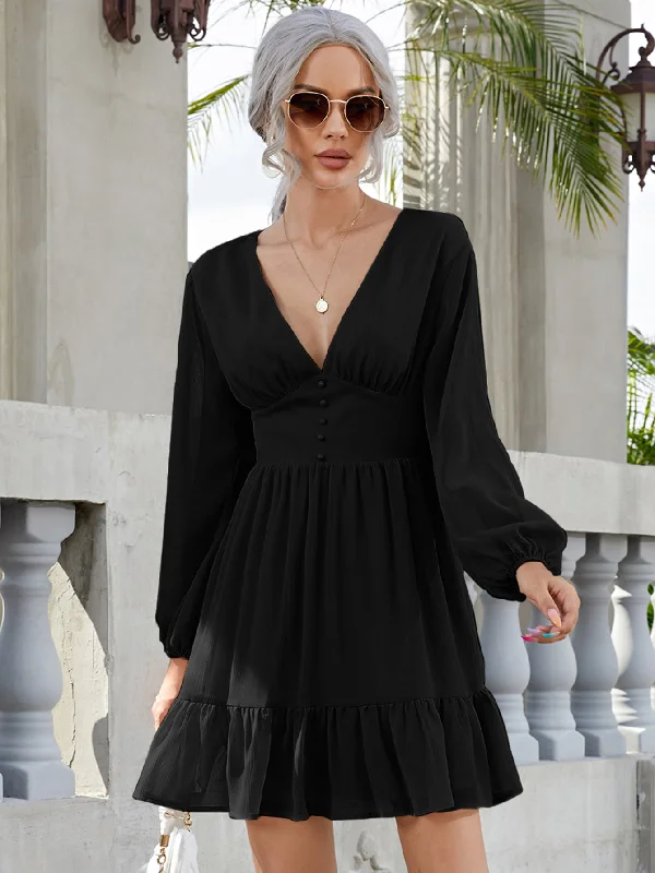 Plain Button Front Long Sleeve Deep V Neck Flounce High Waist Short Dress Classic Women's Tweed Plain Button Front Long Sleeve Deep V Neck Flounce High Waist Short Dress Classic Women's Tweed
