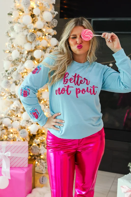 Better Not Pout Sequins Blue Sweatshirt Cozy Women's Sherpa - lined