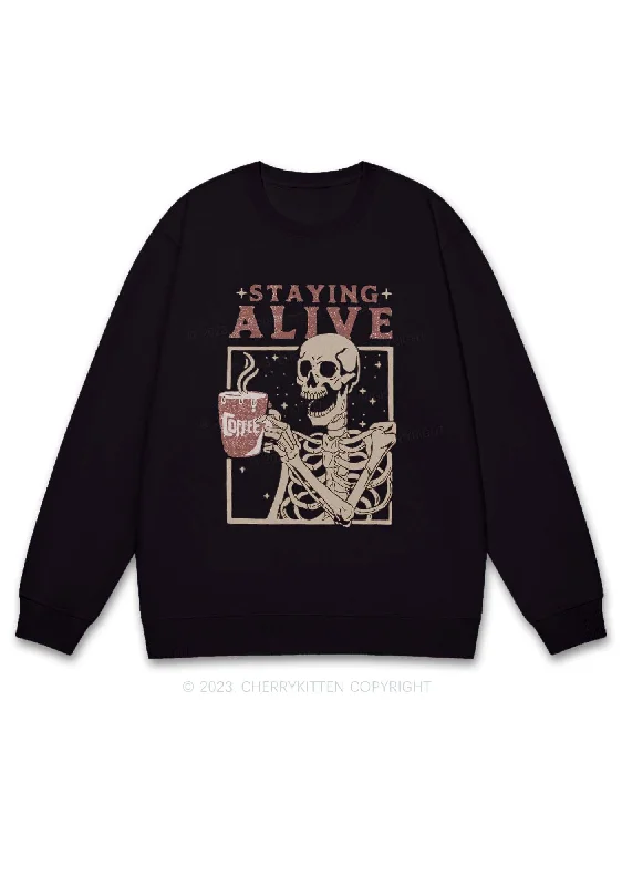 Staying Alive Skeleton Halloween Y2K Sweatshirt Cherrykitten