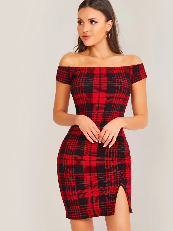 Plaid Split Cap Sleeve Off The Shoulder Pencil Natural Short Dress