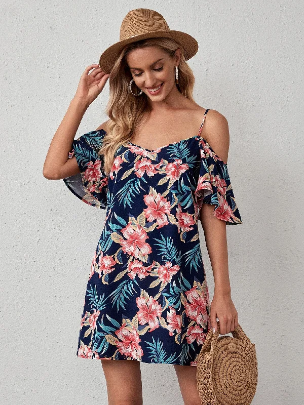 Tropical Half Sleeve Cold Shoulder Straight Natural Short Dress