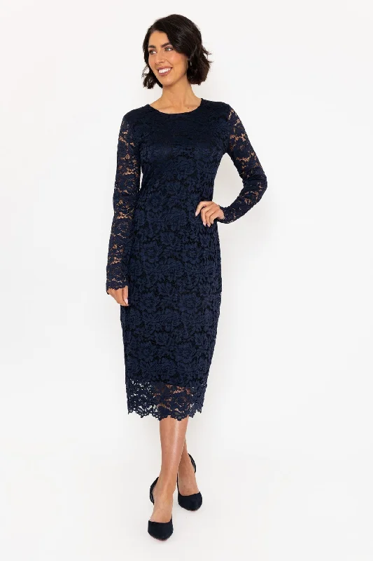 Navy Lace Long Sleeve Midi Dress Casual Women's Japanese 
