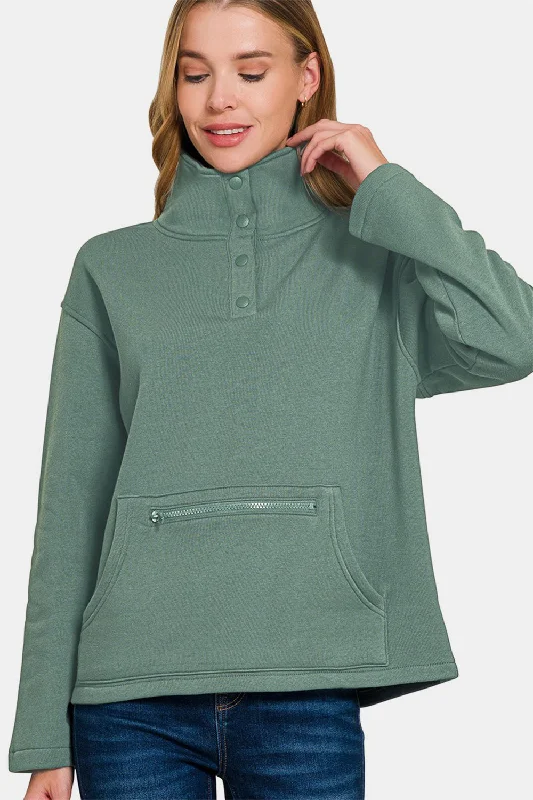 Zenana Turtleneck Half Snap Fleece Sweatshirt