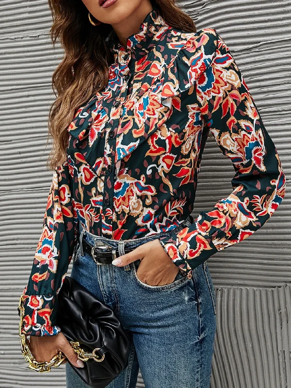 Casual All Over Print Button Front Long Sleeve Stand Collar Regular Blouse Sustainable Organic