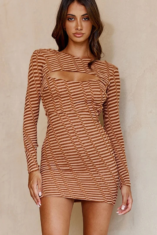 Rendezvous Long Sleeve Keyhole Bust Tied Back Dress Geometric Print Mocha Country