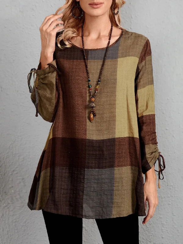 Casual Plaid Drawstring Long Sleeve Scoop Neck Long Blouse Australian Beach
